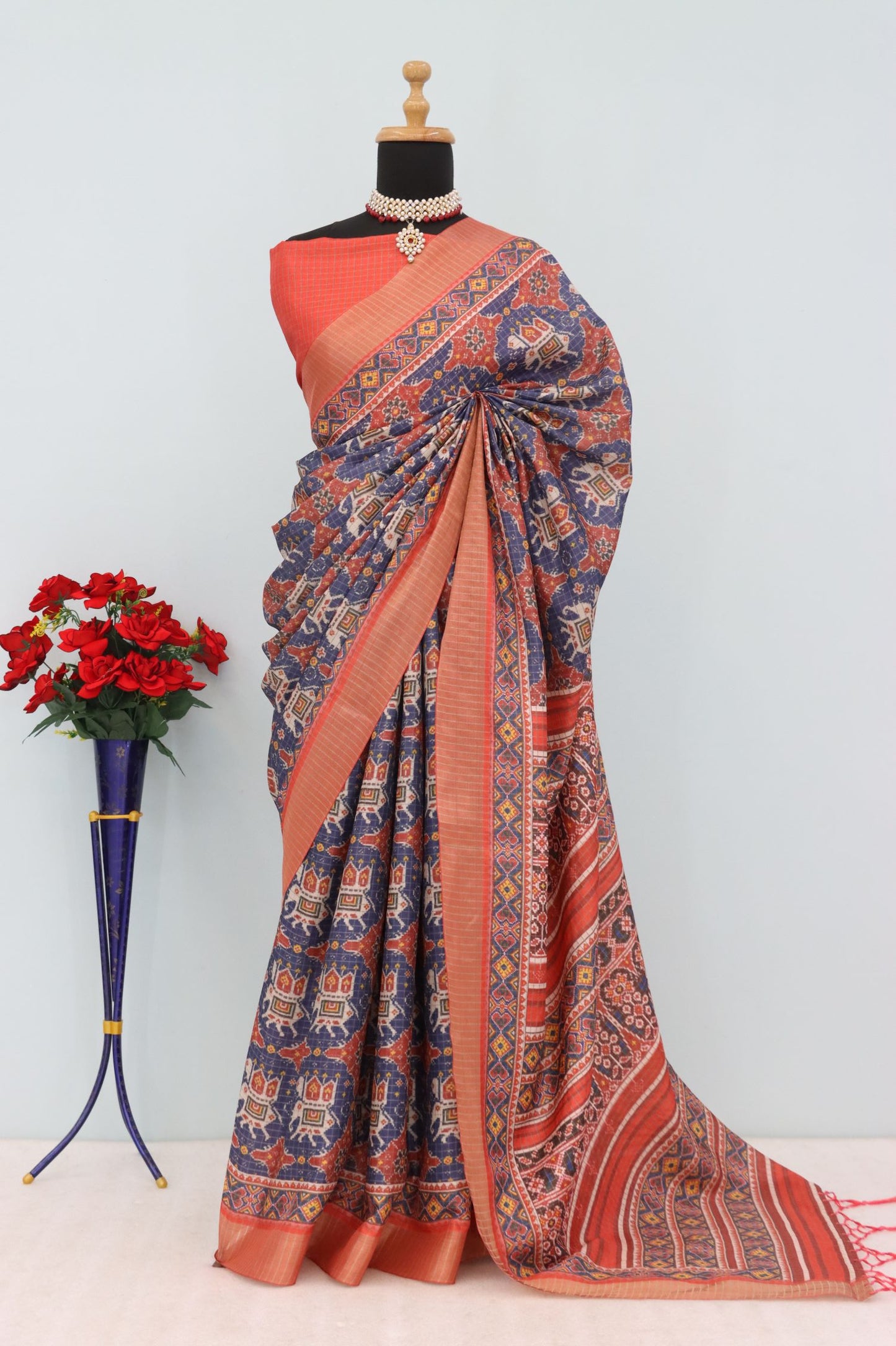 Rust Orange and Navy Blue Mysore Silk Saree with Pure Zari Border and Checked Blouse