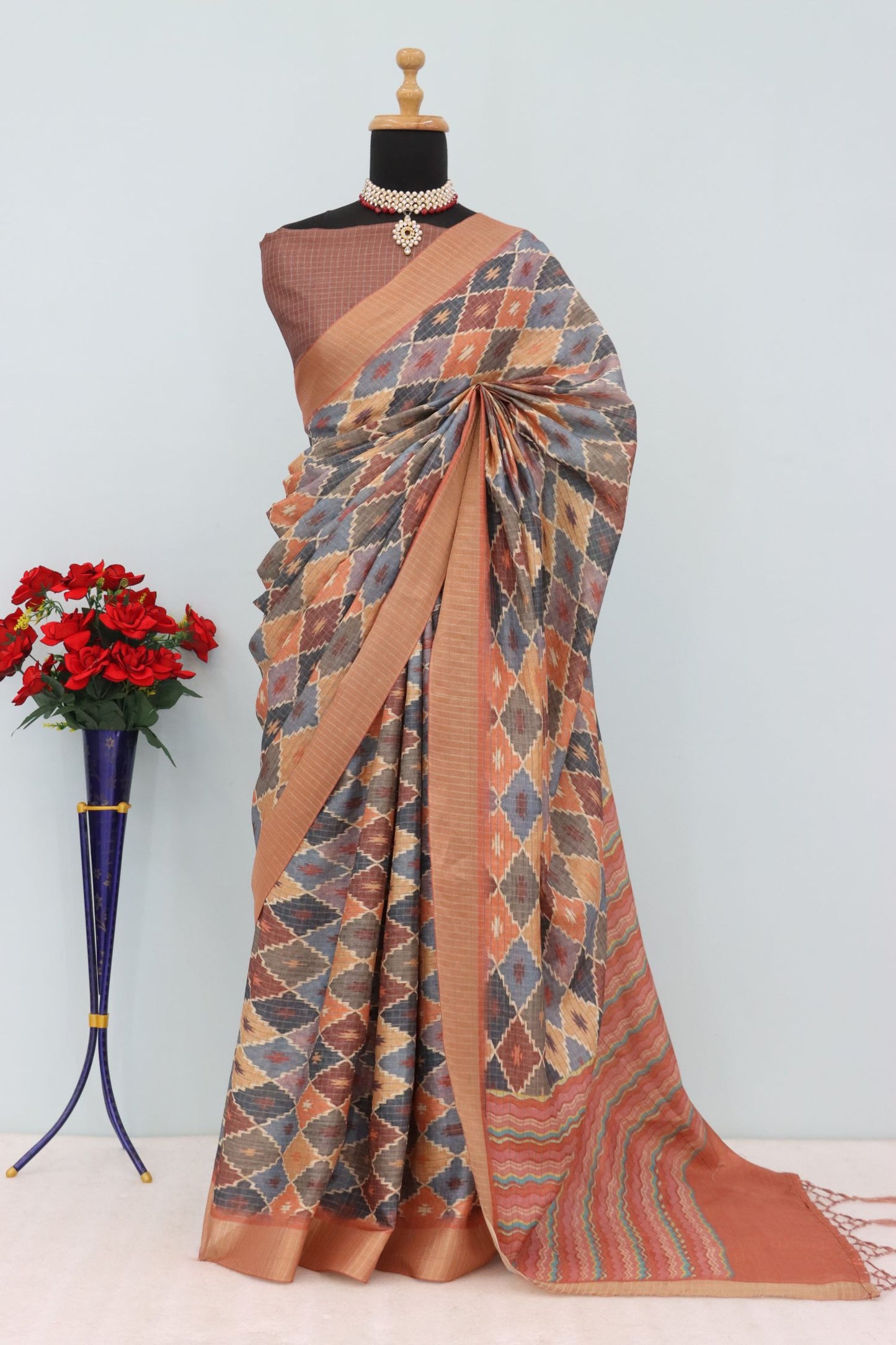 Earthy Mysore Silk Saree with Pure Jari Border and Subtle Checks