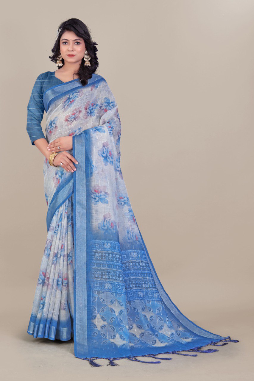 Elegant Blue and White Floral Linen Saree with Zari Border