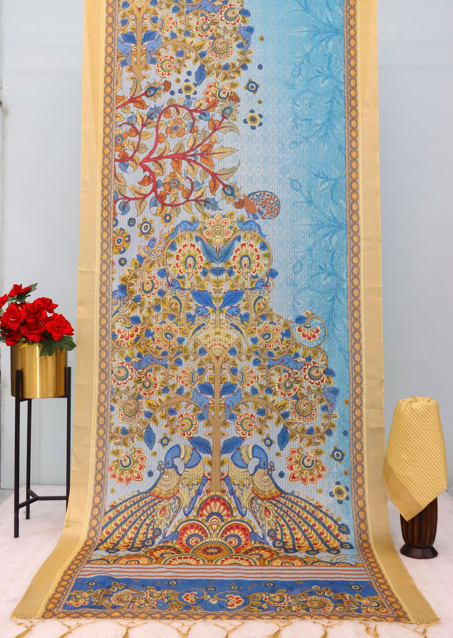Traditional Blue Mysore Silk Saree with Zari Border and Checks
