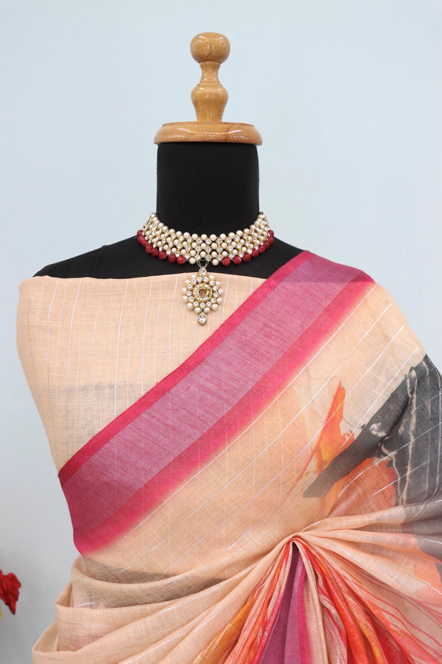 Elegant Peach Linen Saree with Abstract Digital Print and Pink Border
