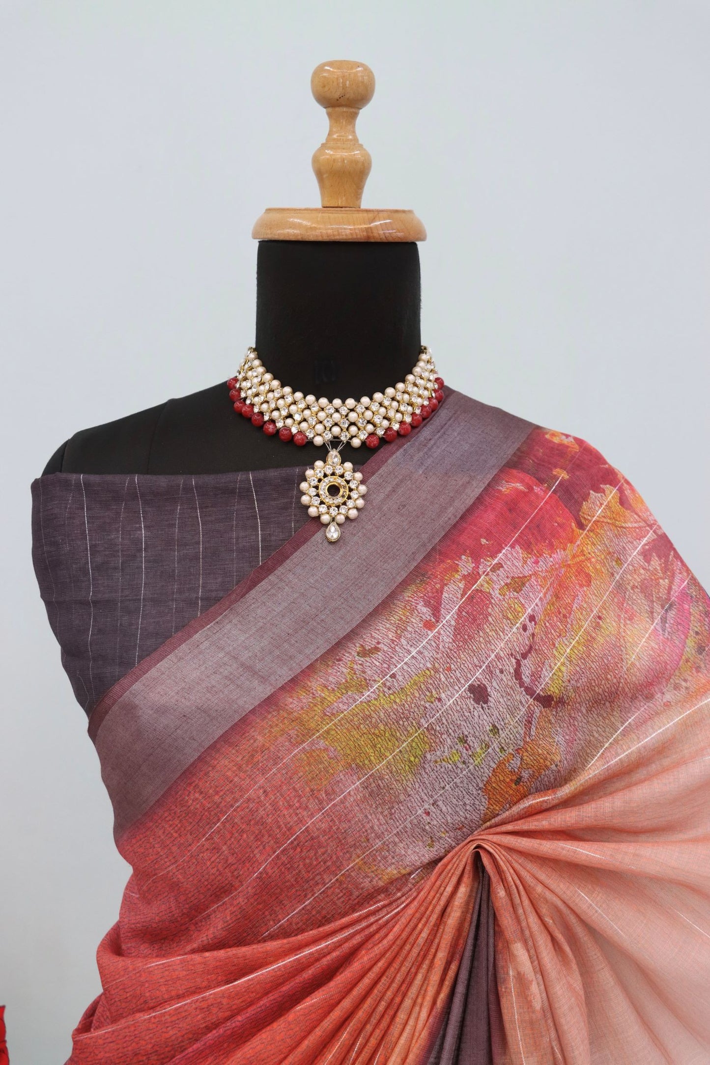 Elegant Maroon & Mauve Linen Saree with Abstract Print