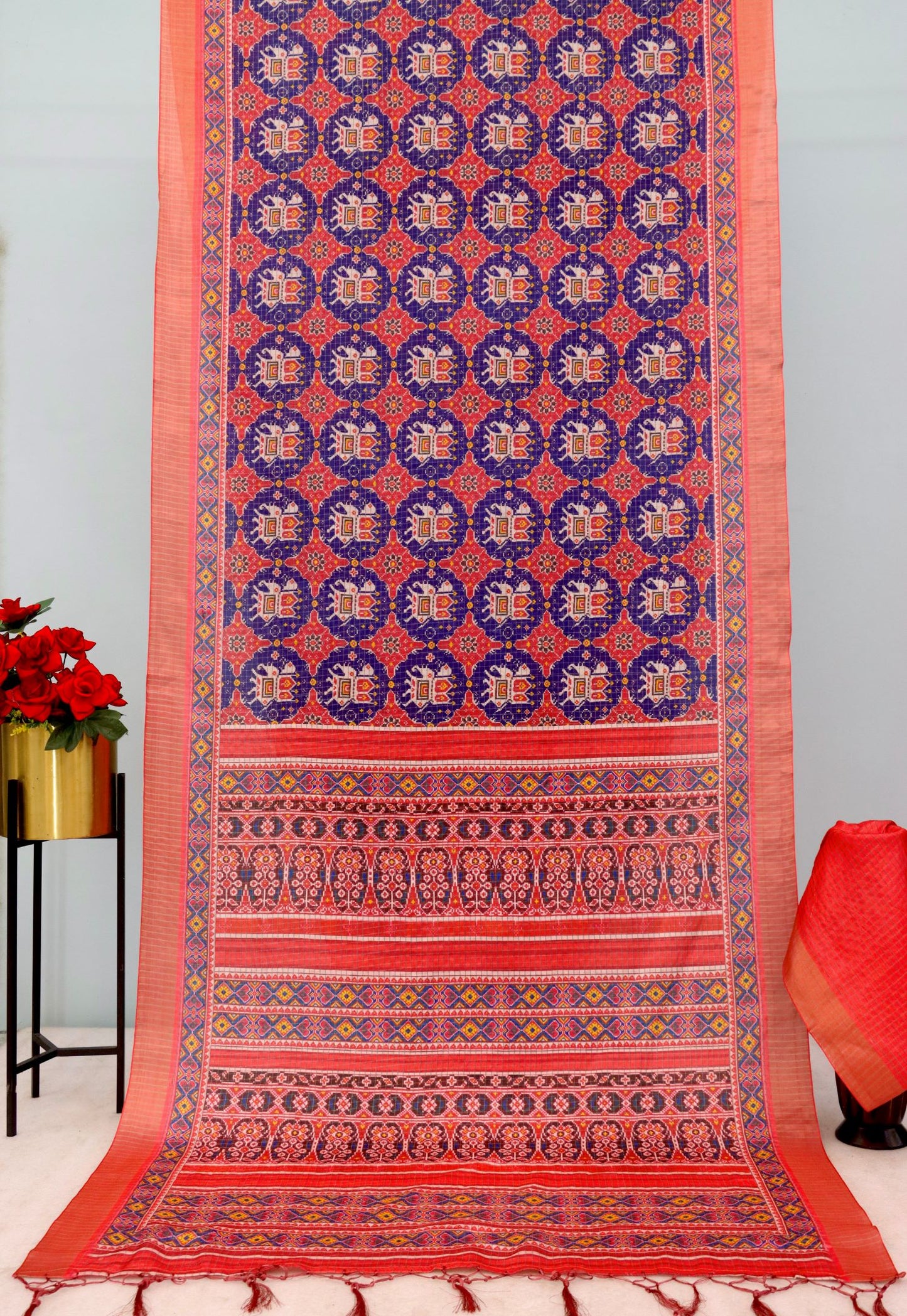 Rust Orange and Navy Blue Mysore Silk Saree with Pure Zari Border and Checked Blouse