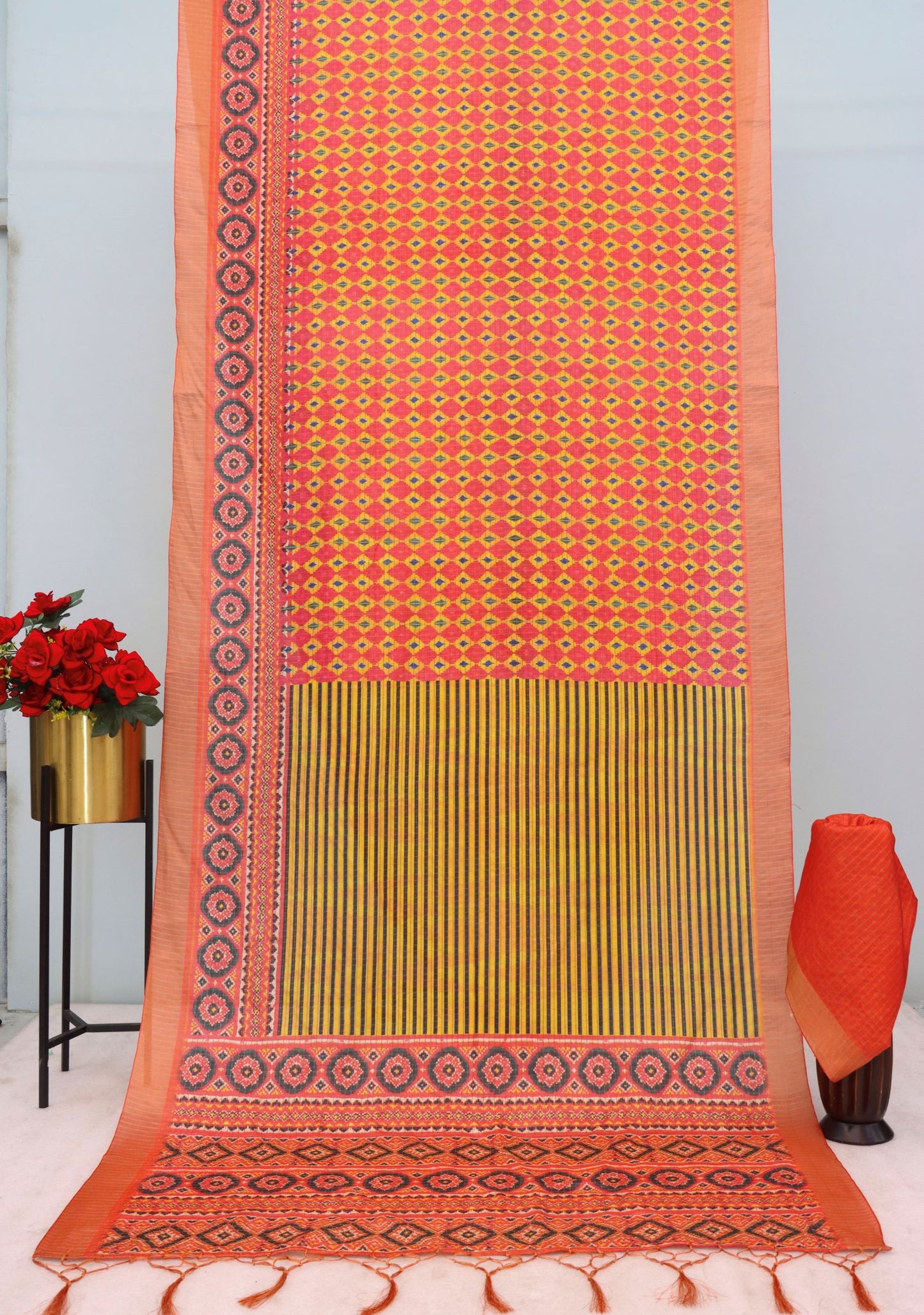 Vibrant Yellow-Orange Mysore Silk Saree with Zari & Motifs