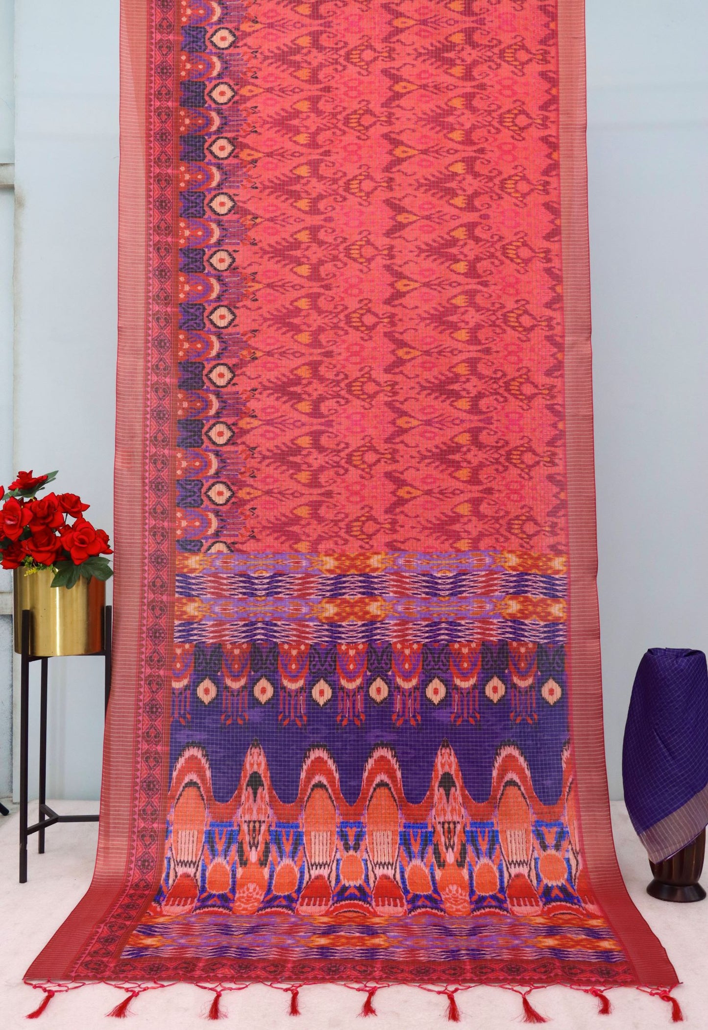 Traditional Red & Blue Mysore Silk Saree with Jari Checks and Ikat Design