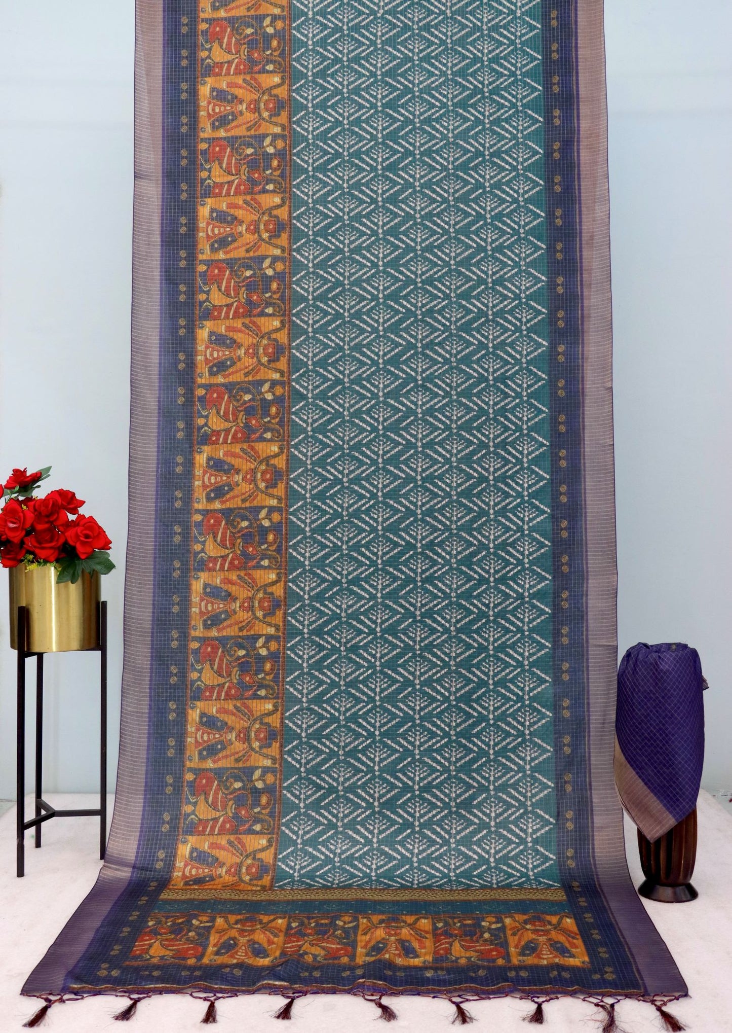 Teal Green Mysore Silk Saree with Pure Zari and Temple Pallu