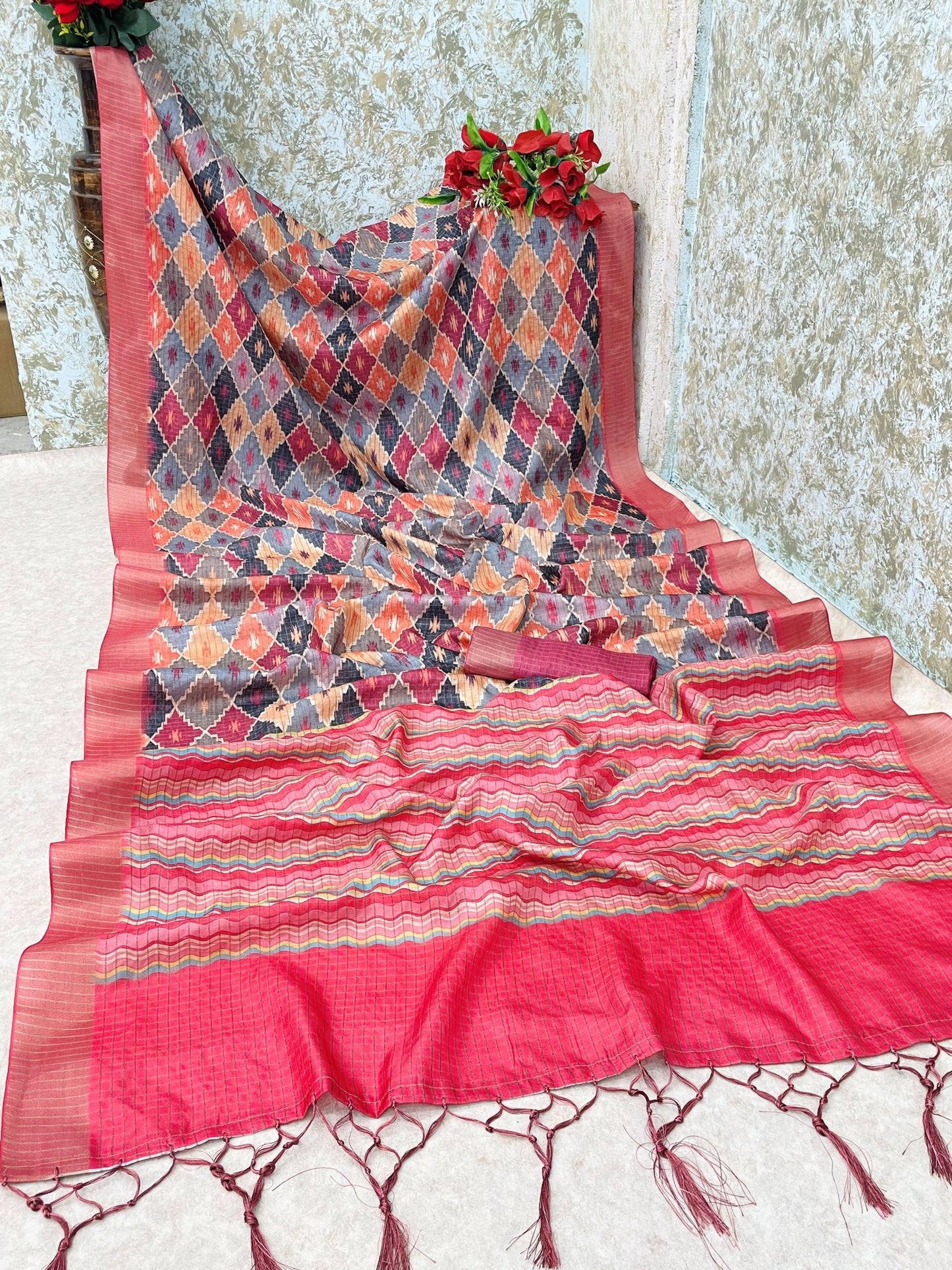 Earthy Mysore Silk Saree with Pure Jari Border and Subtle Checks