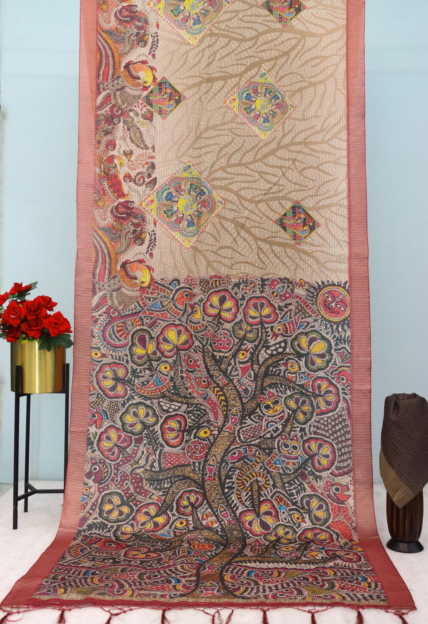 Beige and Brown Mysore Silk Saree with Zari Border and Kalamkari Art