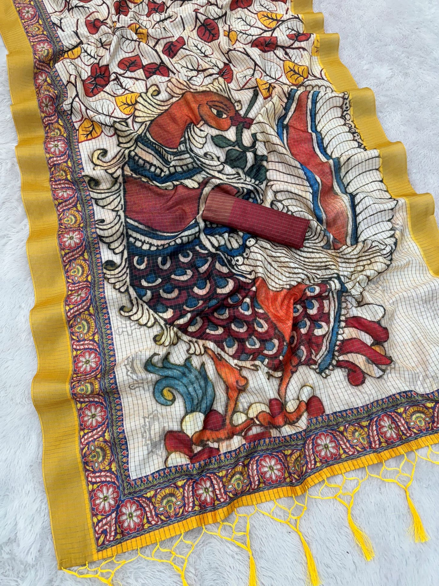 Mysore Silk Saree with Pure Jari and Madhubani Leaf Print in Cream and Mustard