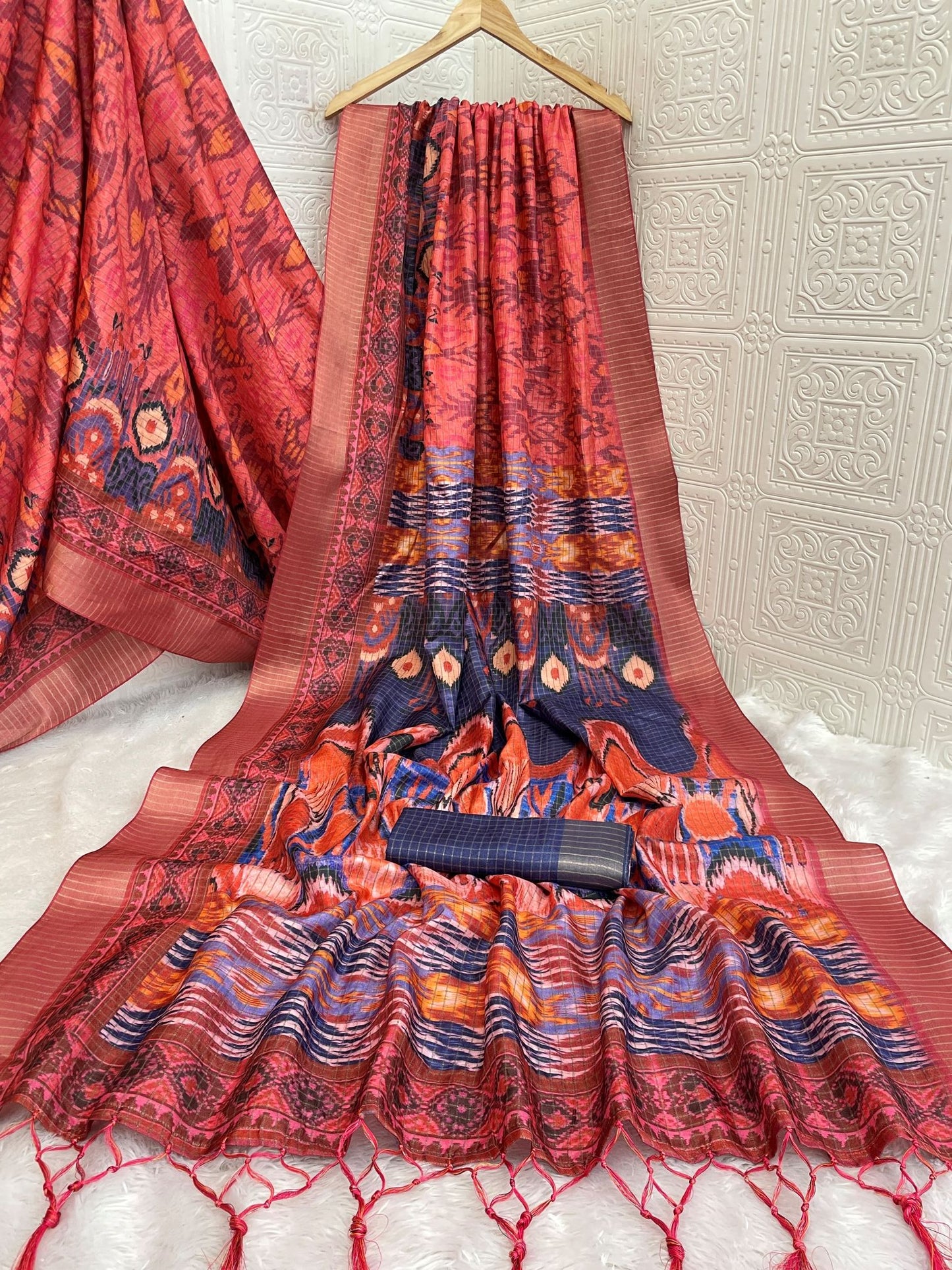 Traditional Red & Blue Mysore Silk Saree with Jari Checks and Ikat Design