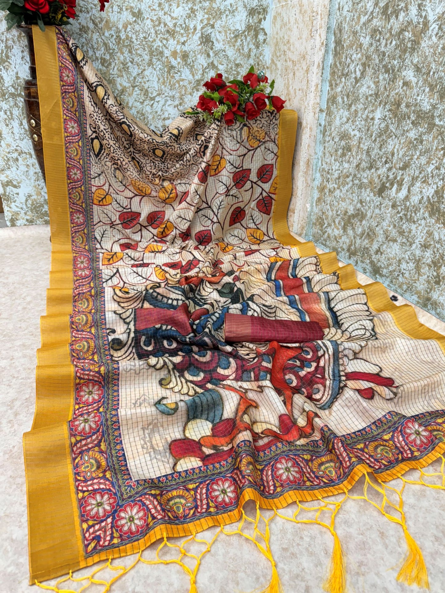Mysore Silk Saree with Pure Jari and Madhubani Leaf Print in Cream and Mustard