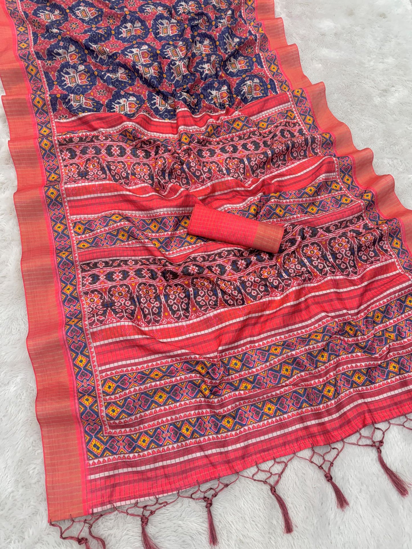 Rust Orange and Navy Blue Mysore Silk Saree with Pure Zari Border and Checked Blouse