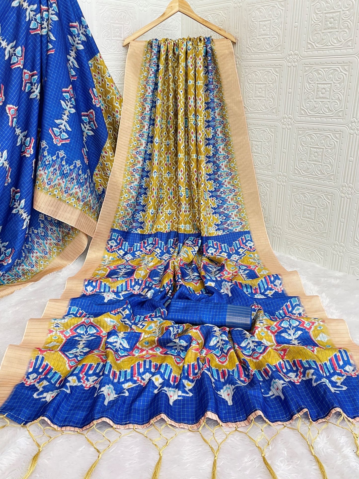 Royal Blue Mysore Silk Saree with Pure Zari Border and Small Ikat Checks