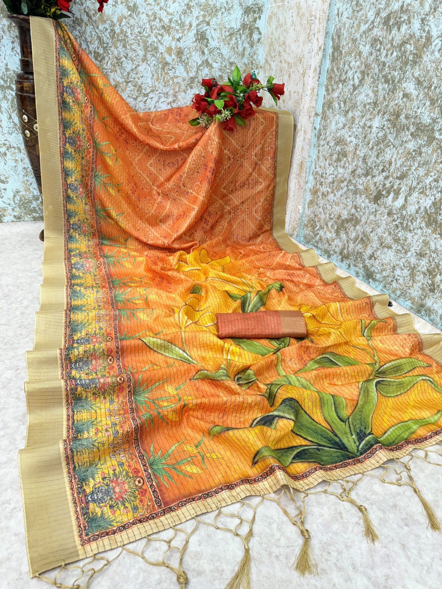 Floral Orange Mysore Silk Saree with Pure Jari and Printed Pallu