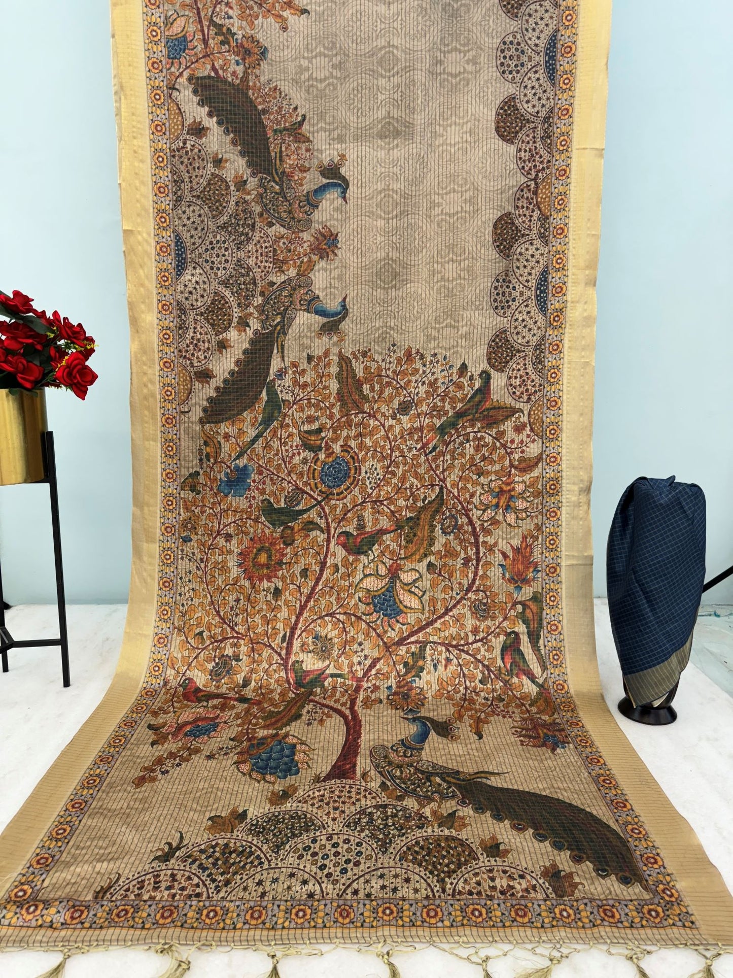 Beige Mysore Silk Saree with Pure Zari and Peacock Kalamkari Pallu