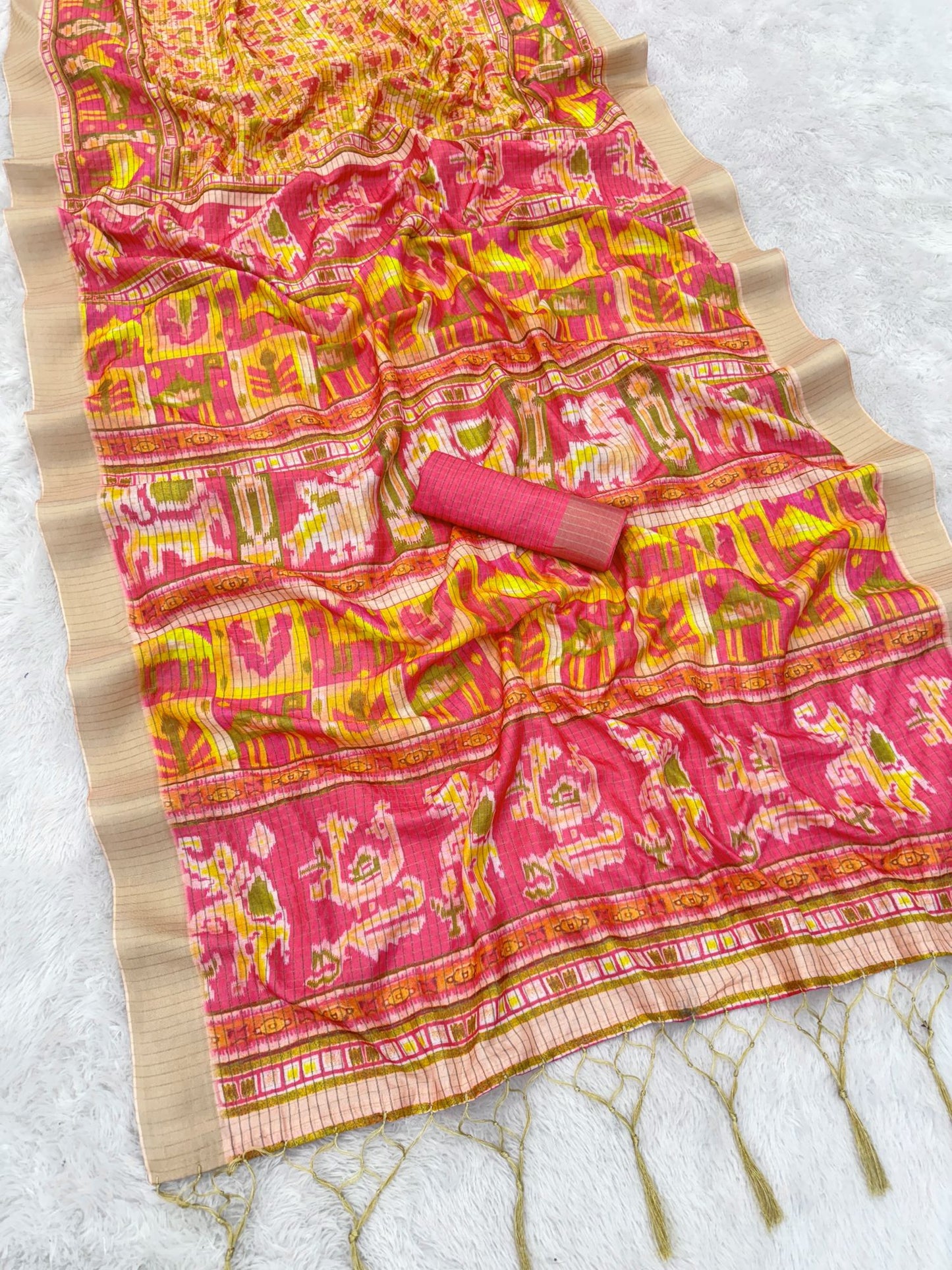 Traditional Red and Beige Mysore Silk Saree with Pure Jari Temple Motif Border