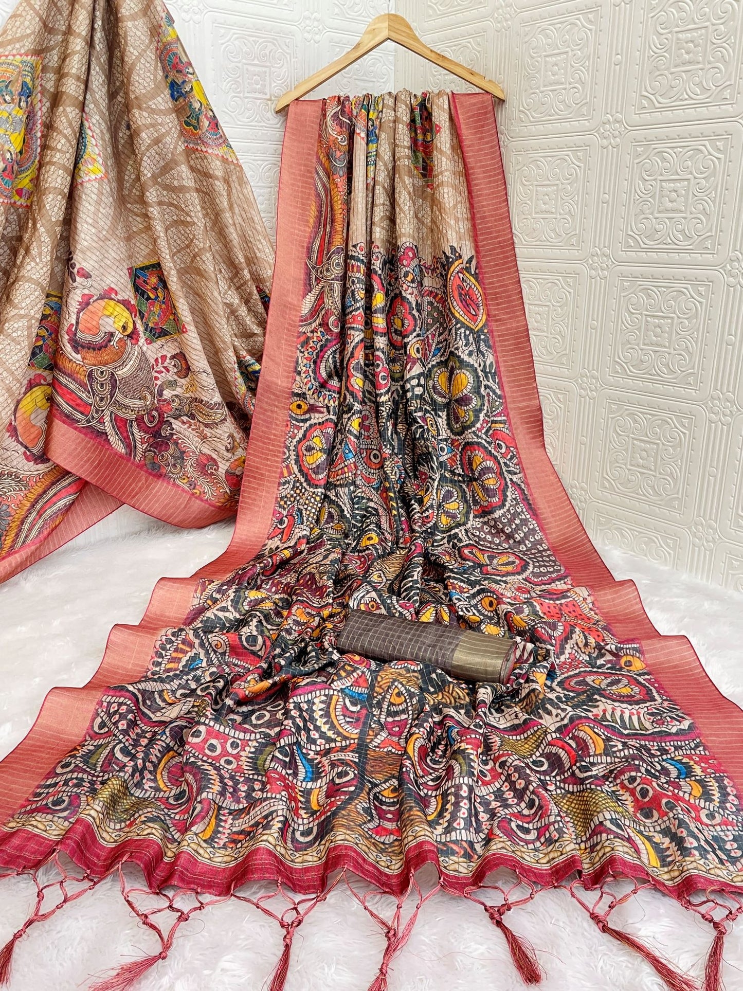 Beige and Brown Mysore Silk Saree with Zari Border and Kalamkari Art