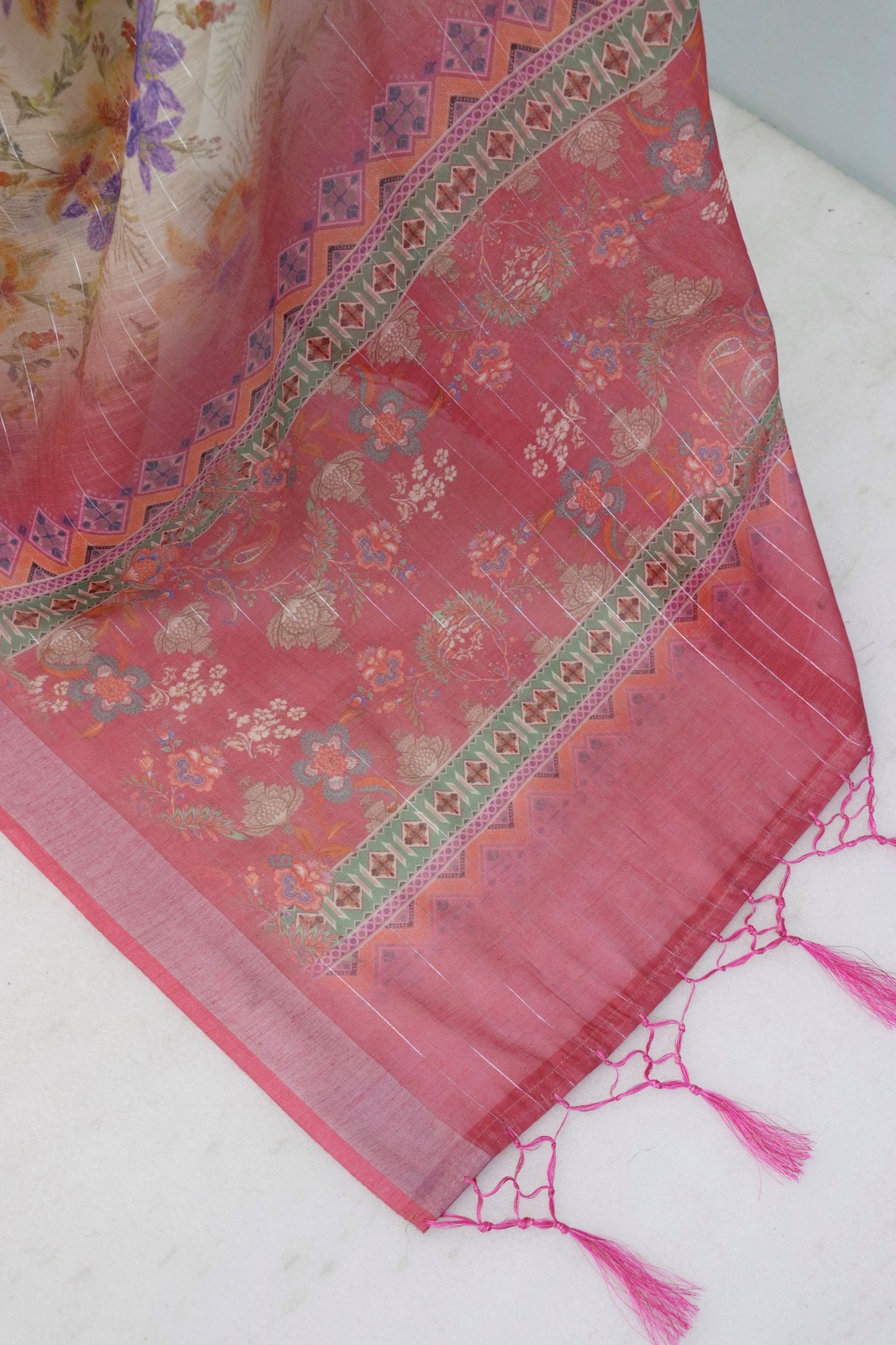Elegant Beige Linen Saree with Zari Floral Print and Border