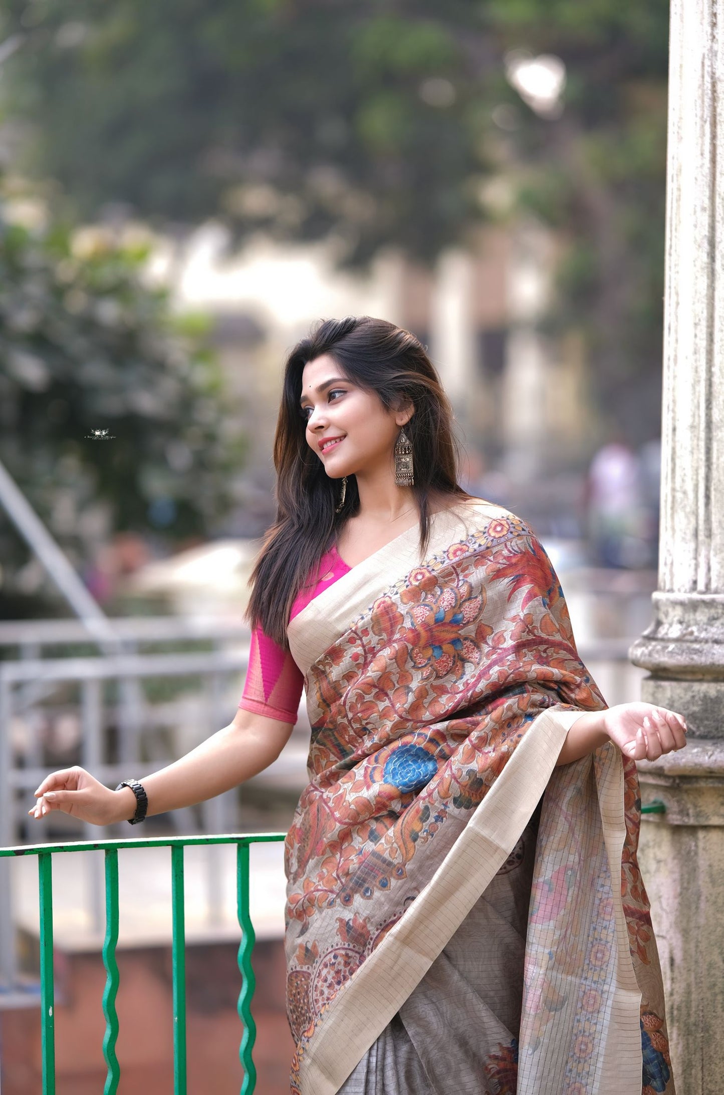 Beige Mysore Silk Saree with Pure Zari and Peacock Kalamkari Pallu