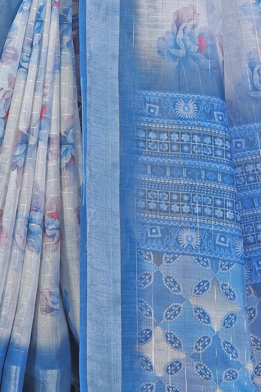Elegant Blue and White Floral Linen Saree with Zari Border