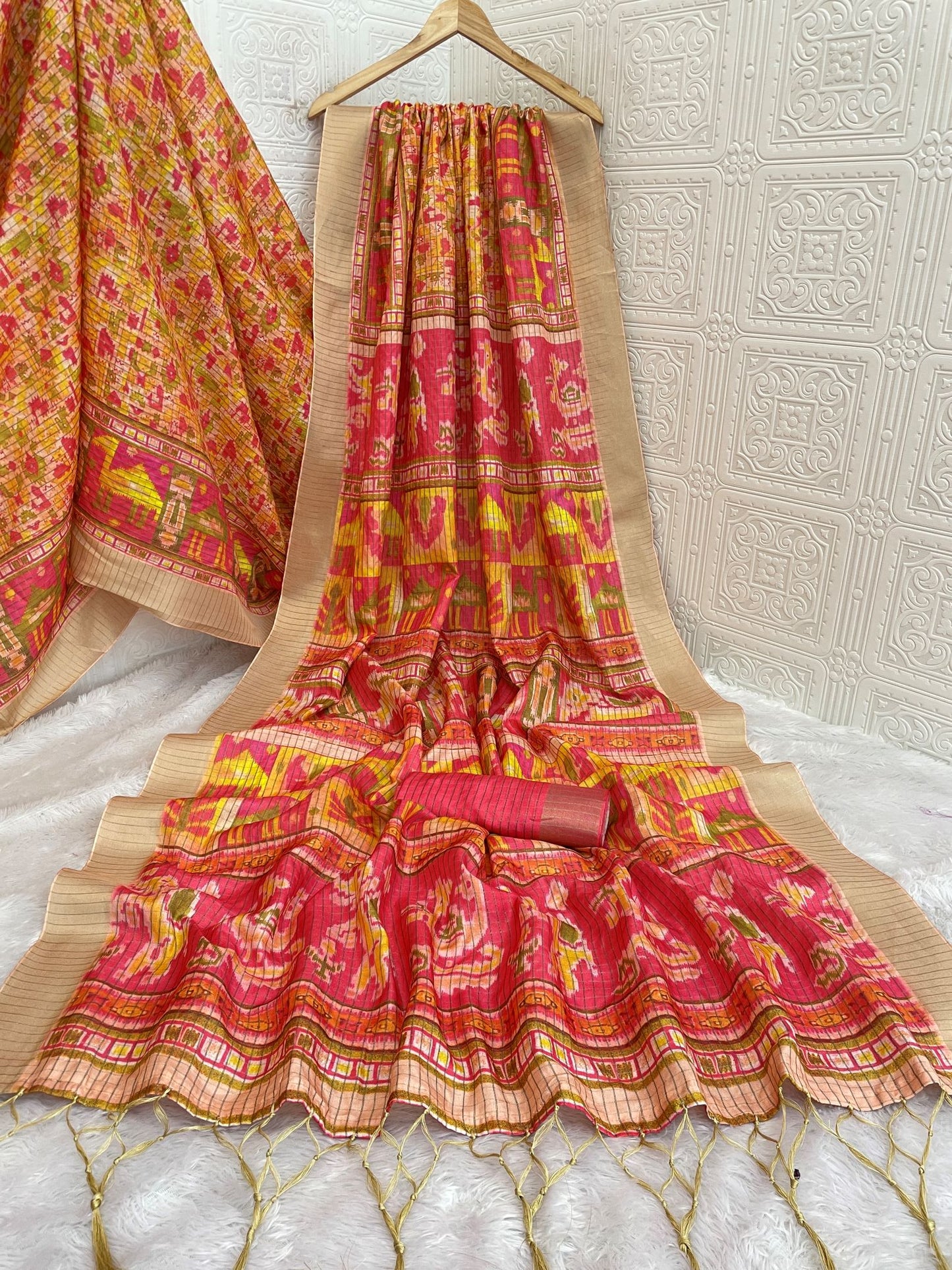 Traditional Red and Beige Mysore Silk Saree with Pure Jari Temple Motif Border