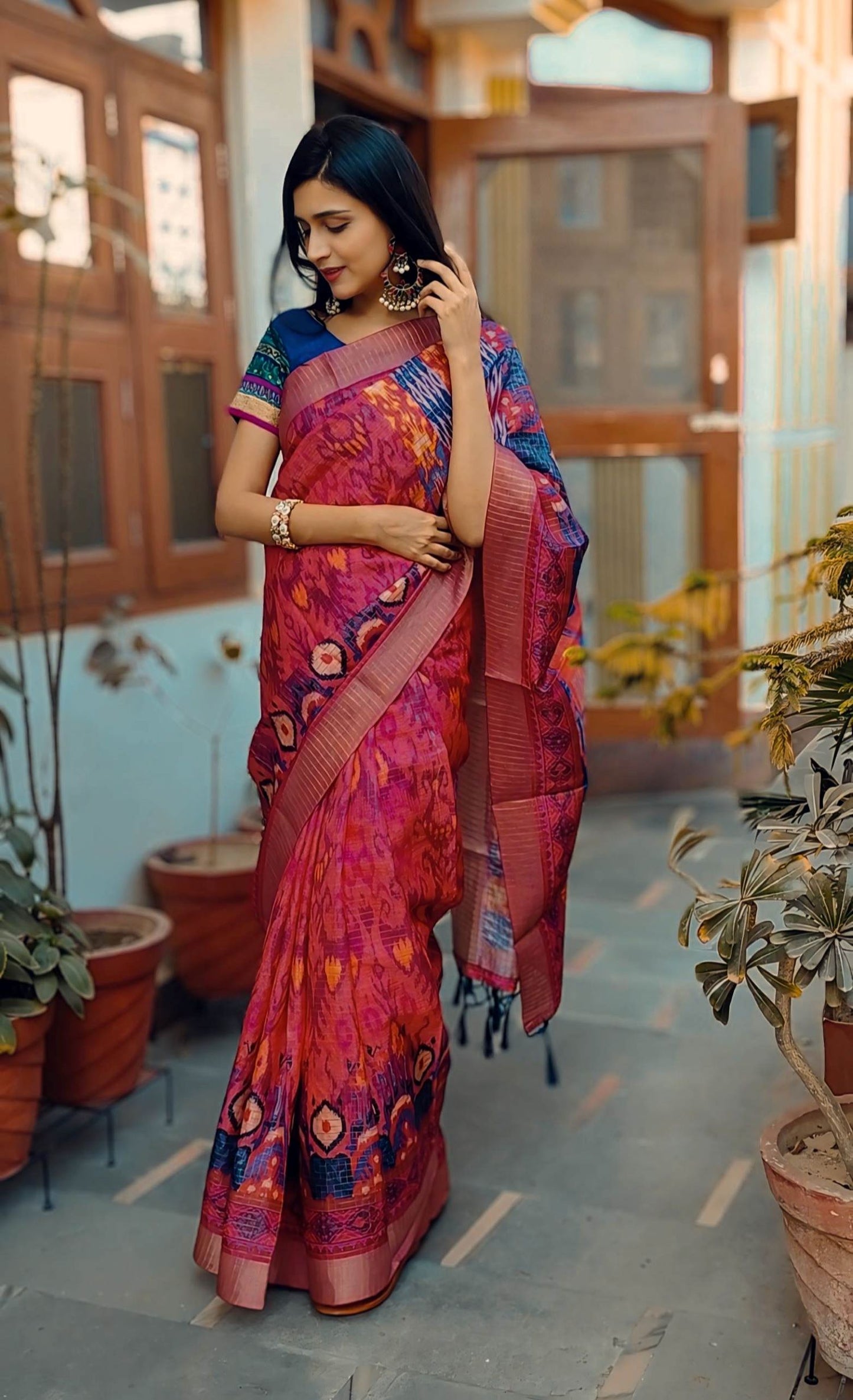 Traditional Red & Blue Mysore Silk Saree with Jari Checks and Ikat Design