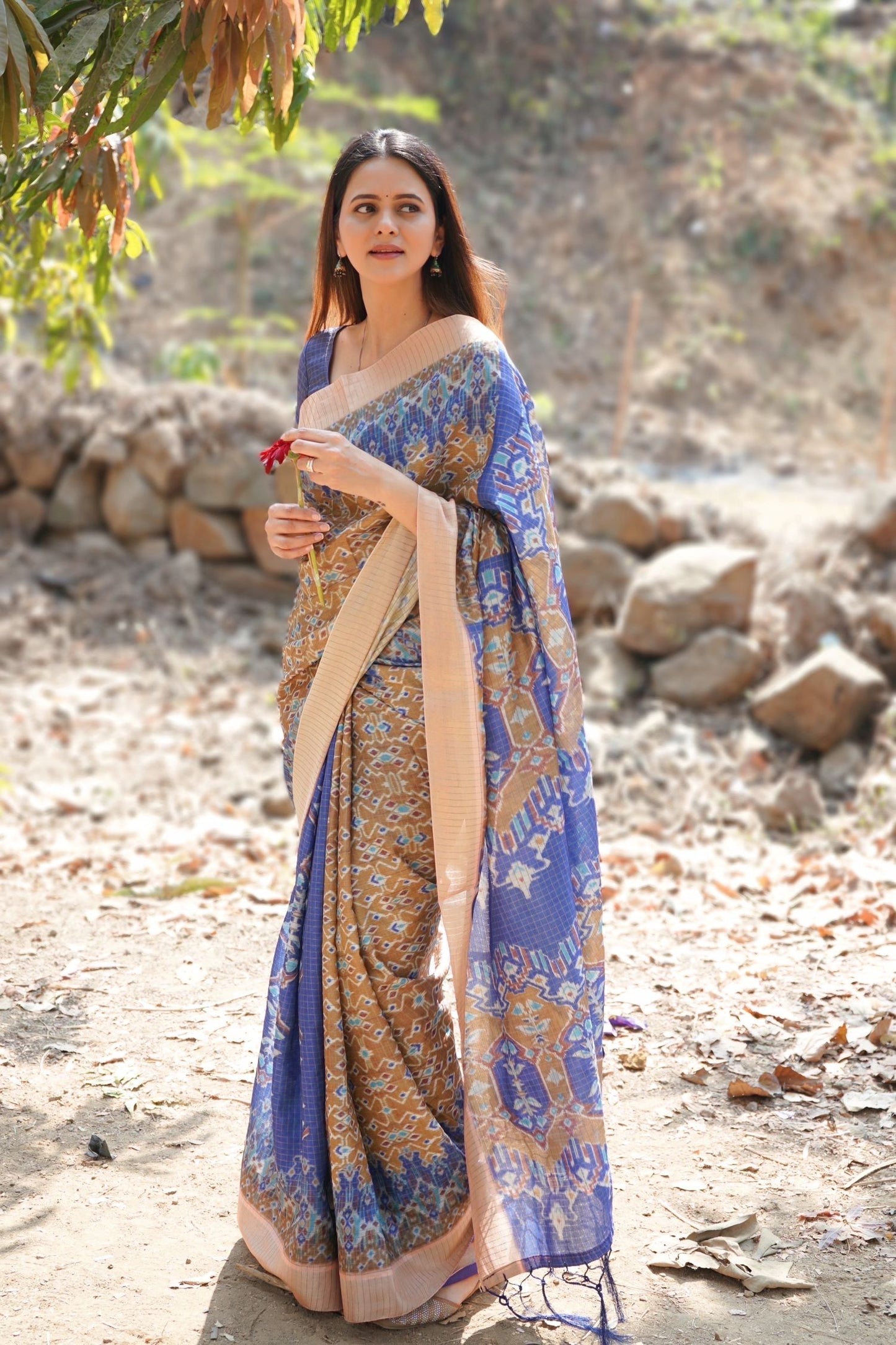 Royal Blue Mysore Silk Saree with Pure Zari Border and Small Ikat Checks