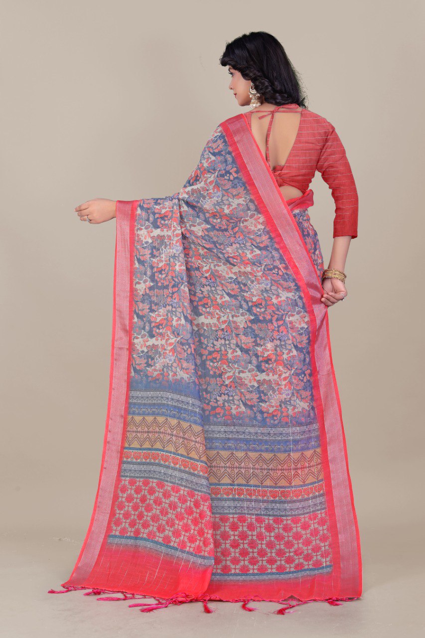 Elegant Floral Linen Saree in Soft Pastel – Breathable Fabric for Women