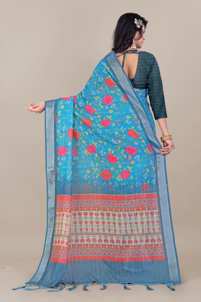 Elegant Teal Linen Saree with Silver Zari and Floral Pallu