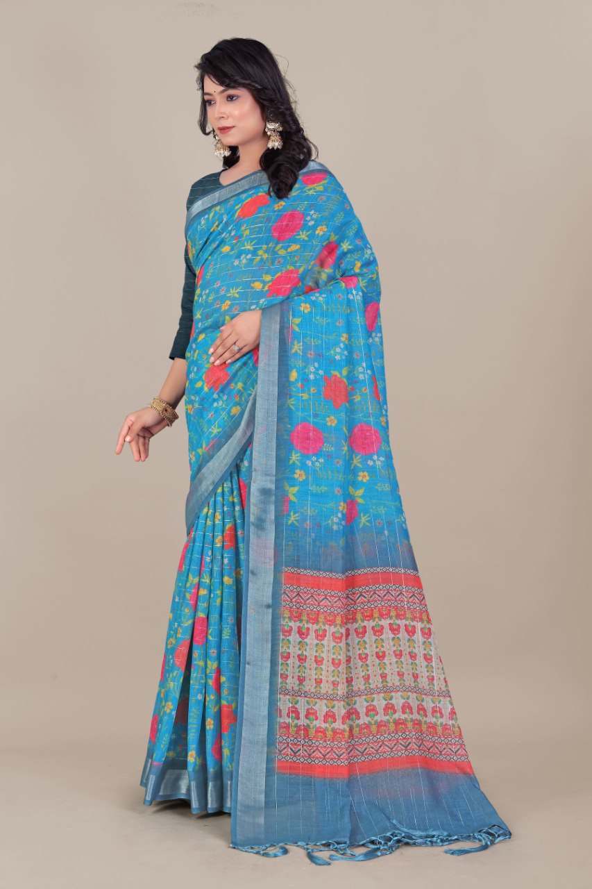 Elegant Teal Linen Saree with Silver Zari and Floral Pallu