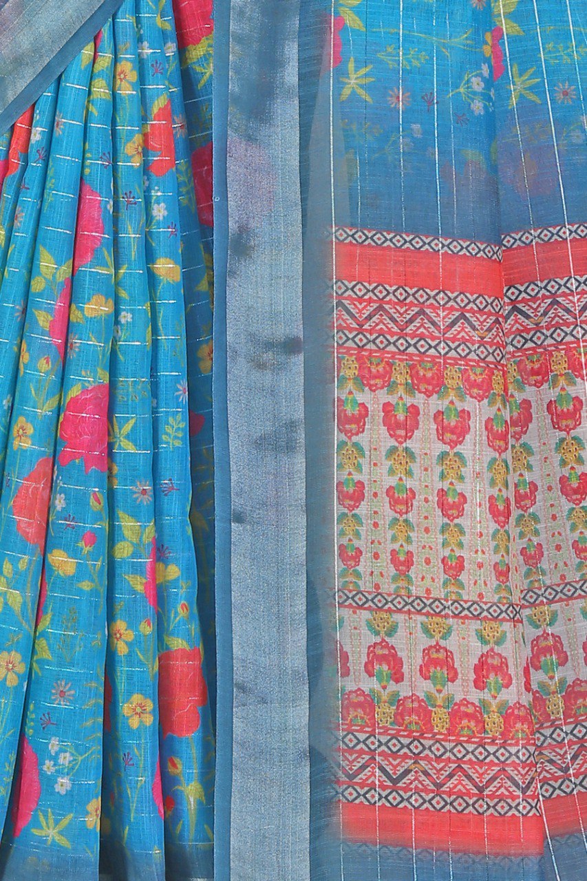 Elegant Teal Linen Saree with Silver Zari and Floral Pallu