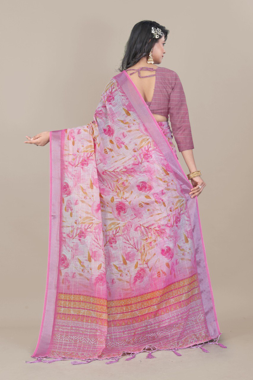 Pink Floral Linen Saree on Mannequin with Zari Border