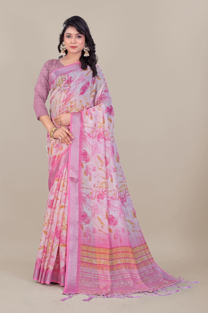 Pink Floral Linen Saree on Mannequin with Zari Border