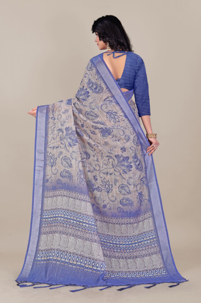 Blue Linen Saree with Floral & Paisley Design and Zari Border