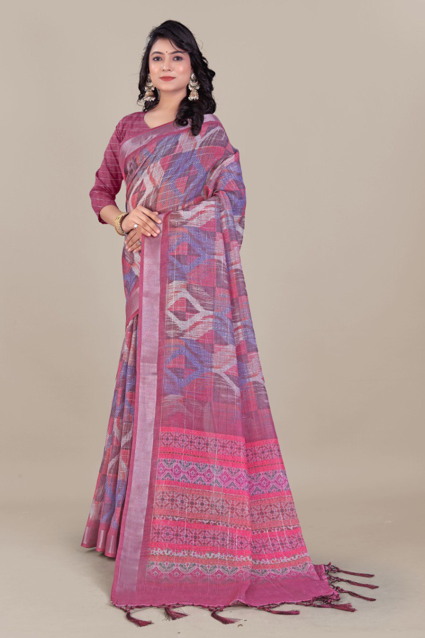 Elegant pink and purple linen saree with ikat design and tassel border