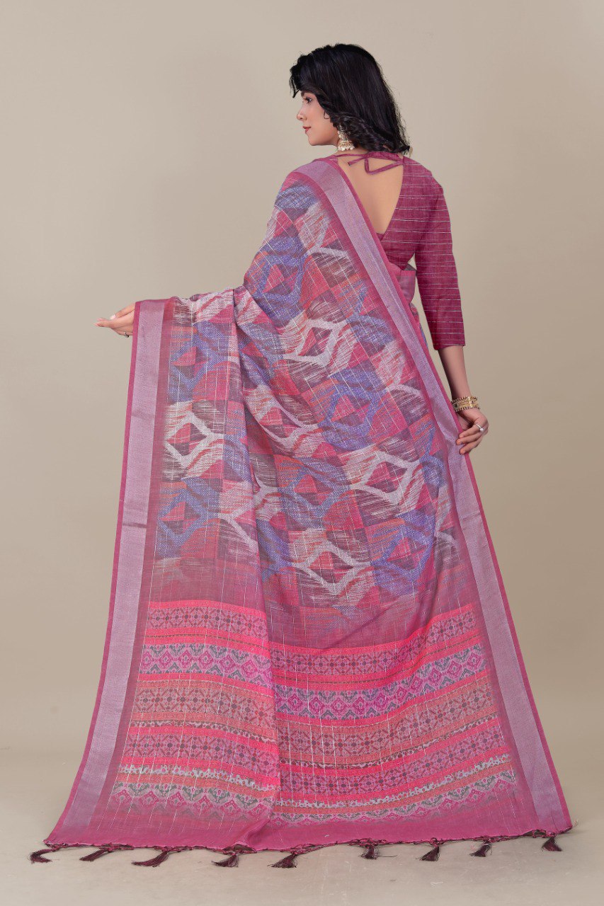 Elegant pink and purple linen saree with ikat design and tassel border