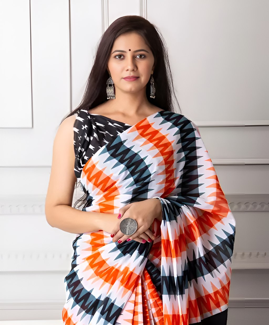 Woman wearing elegant multicolor zigzag printed pure linen cotton saree