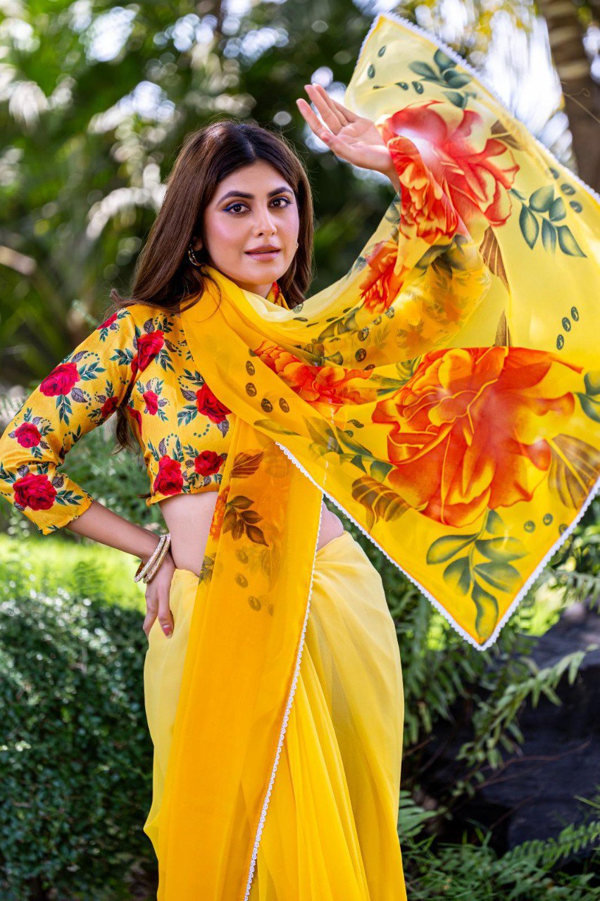 Yellow soft georgette saree with red and orange floral print
