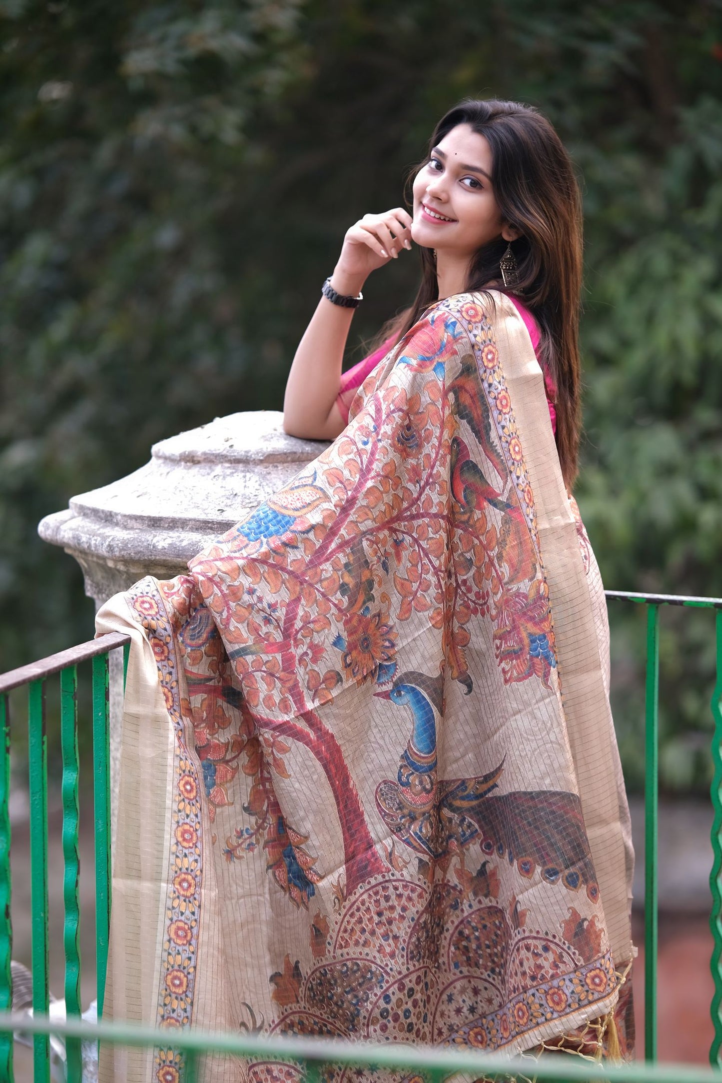 Beige Mysore Silk Saree with Pure Zari and Peacock Kalamkari Pallu