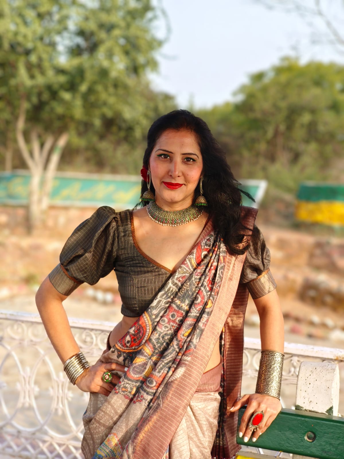 Beige and Brown Mysore Silk Saree with Zari Border and Kalamkari Art