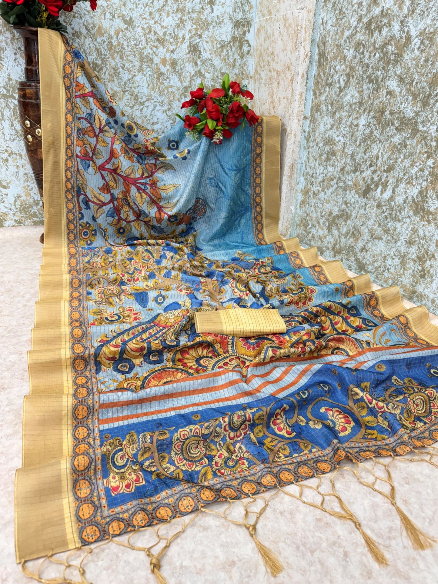 Traditional Blue Mysore Silk Saree with Zari Border and Checks