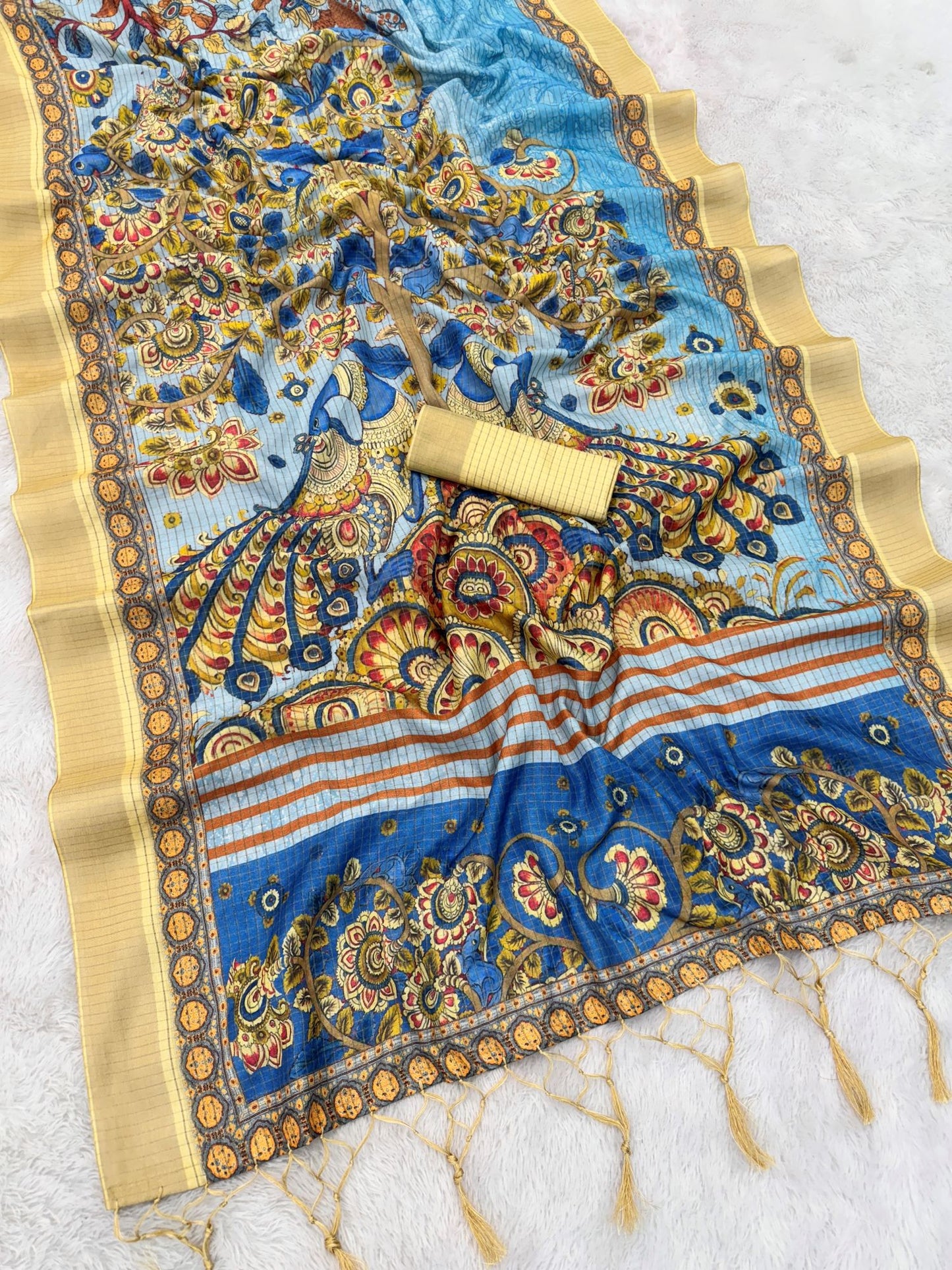 Traditional Blue Mysore Silk Saree with Zari Border and Checks
