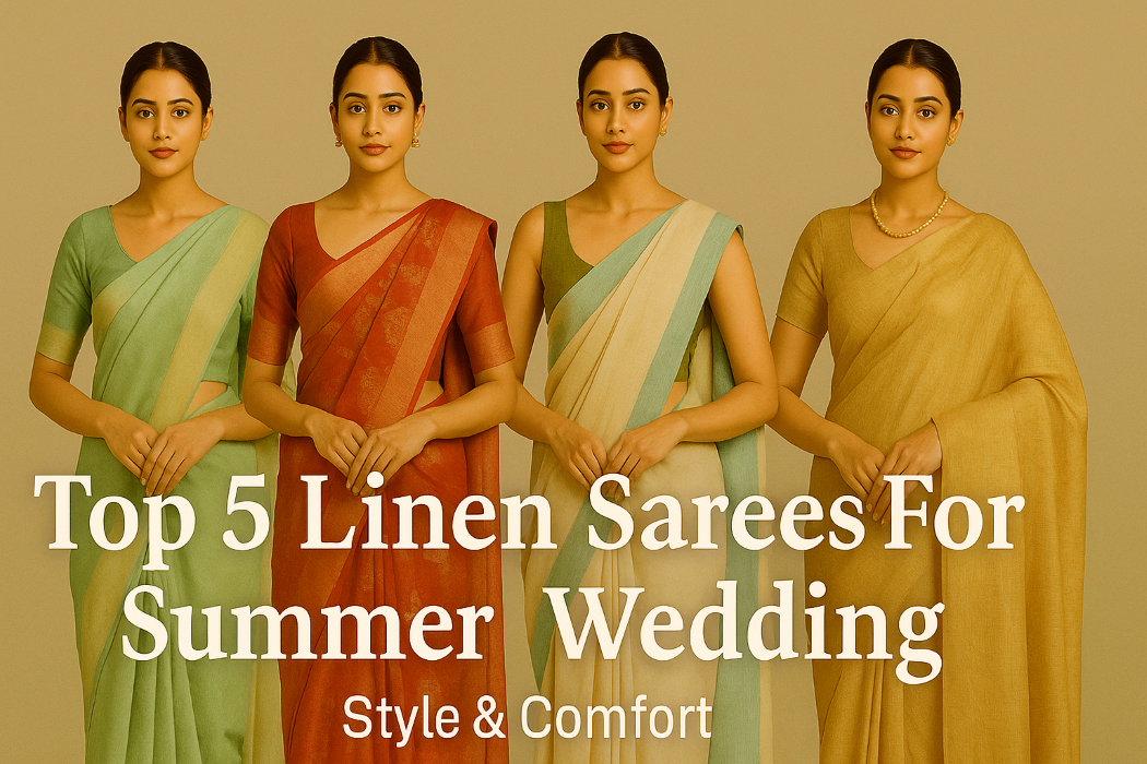 Four elegant women wearing colorful linen sarees, showcasing breathable and stylish drapes ideal for summer weddings.