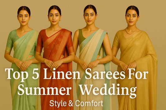 Four elegant women wearing colorful linen sarees, showcasing breathable and stylish drapes ideal for summer weddings.
