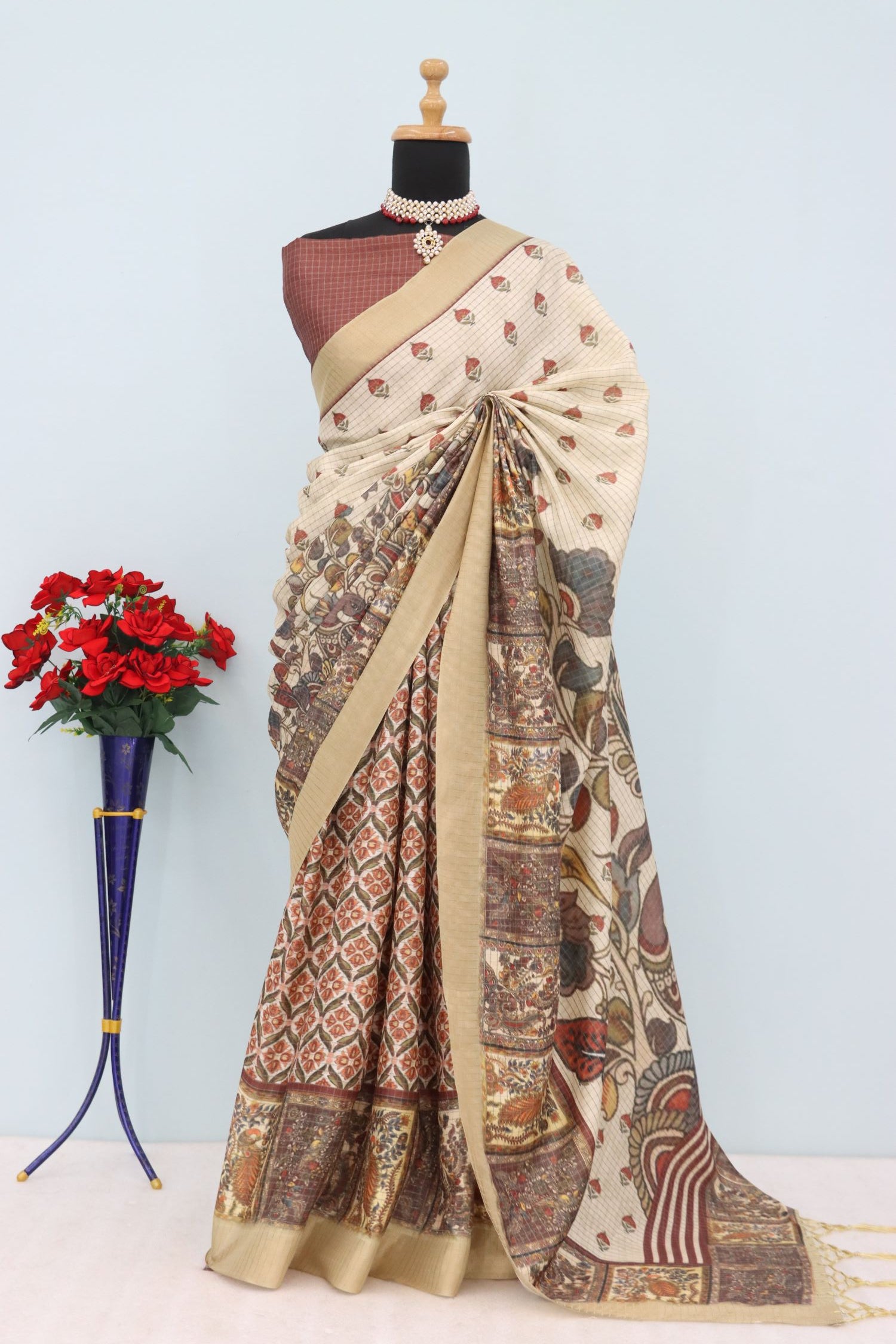Elegant Beige Mysore Silk Saree with Pure Zari Checks and Temple Border Design