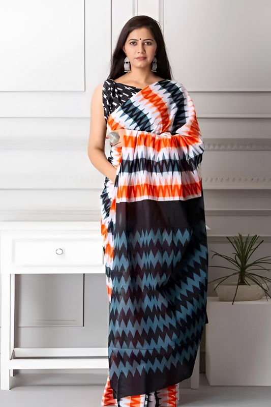 Woman wearing elegant multicolor zigzag printed pure linen cotton saree