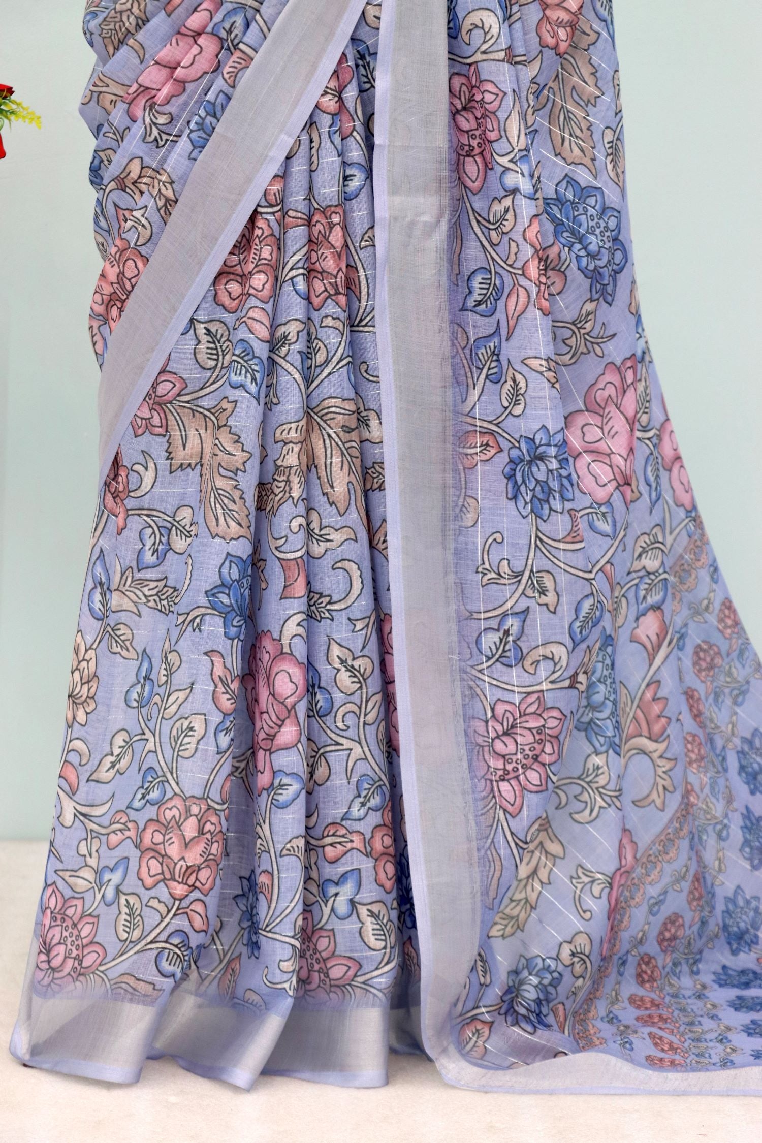 Blue and Pink Pure Silk Saree with Traditional Zari Design