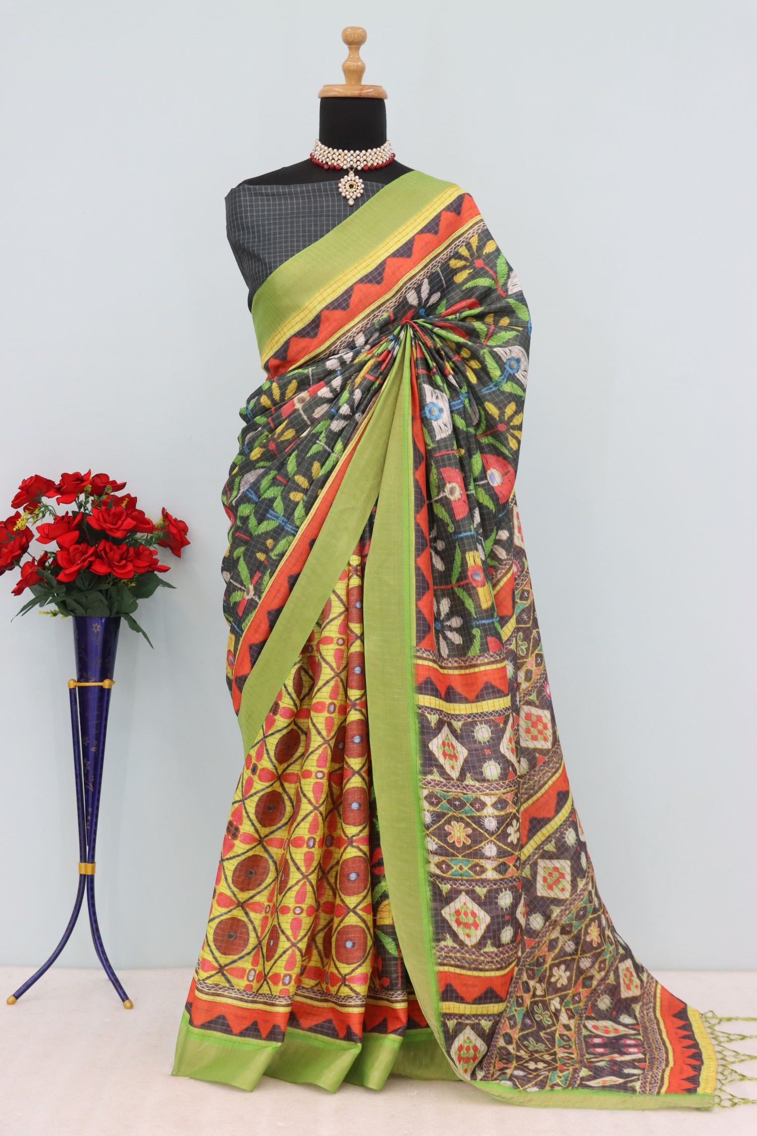 Multicolor Mysore Silk Saree with Tribal Prints & Green Border