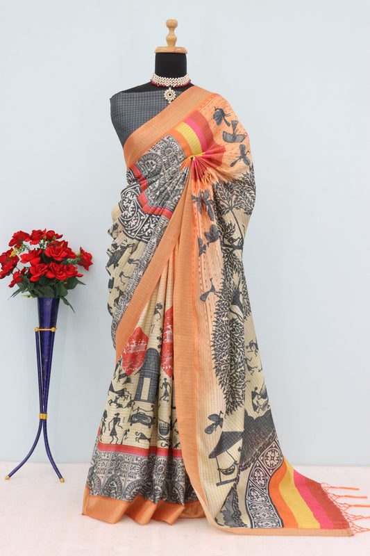 Mysore silk saree with tribal art and golden zari work