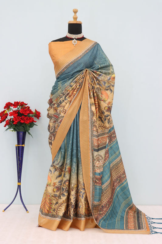 Mysore silk saree in teal and mustard with peacock jari design
